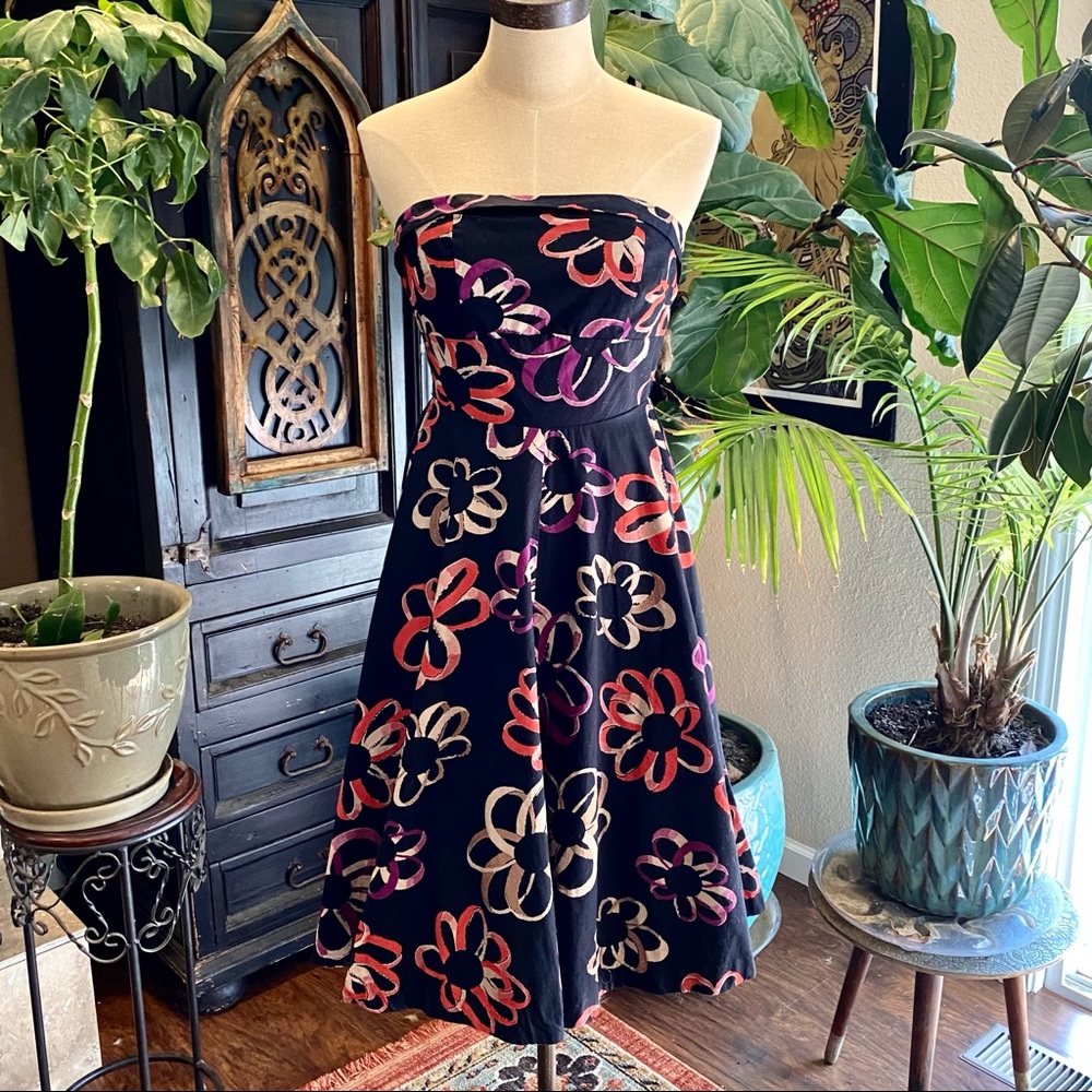 Anthropologie Strapless Dress with Vibrant Floral Design